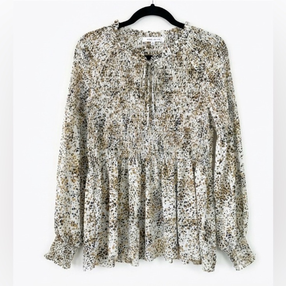 Rose + Olive Animal Print Smocked Peasant Blouse Top Tie Neck Medium Boho - Picture 1 of 9